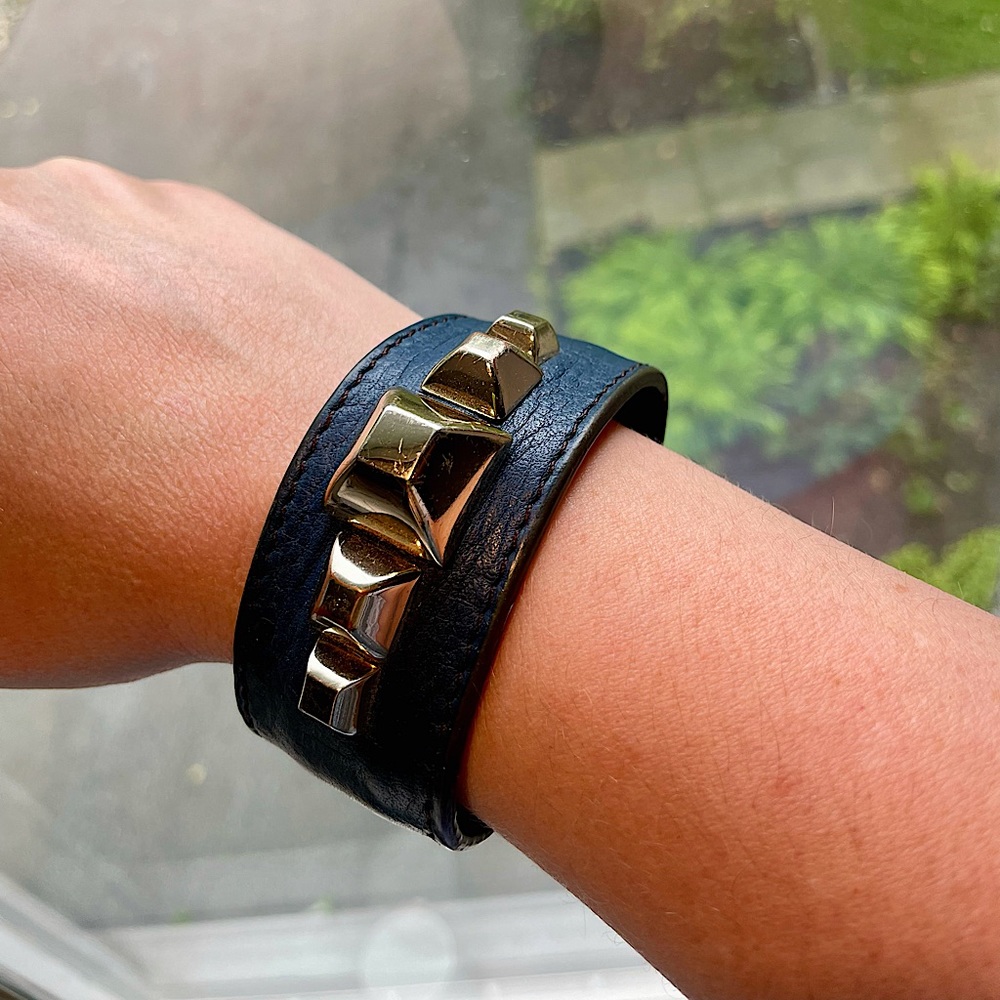 Blue leather cuff bracelet with pyramid studs